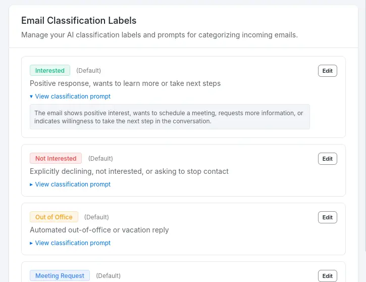 PuffinReach email classification labels with custom AI prompts for categorizing incoming emails
