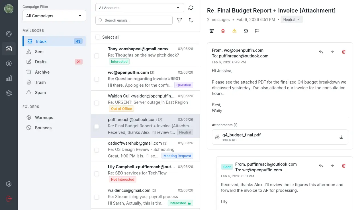 PuffinReach unified inbox with email threads, AI classification labels, and thread detail view