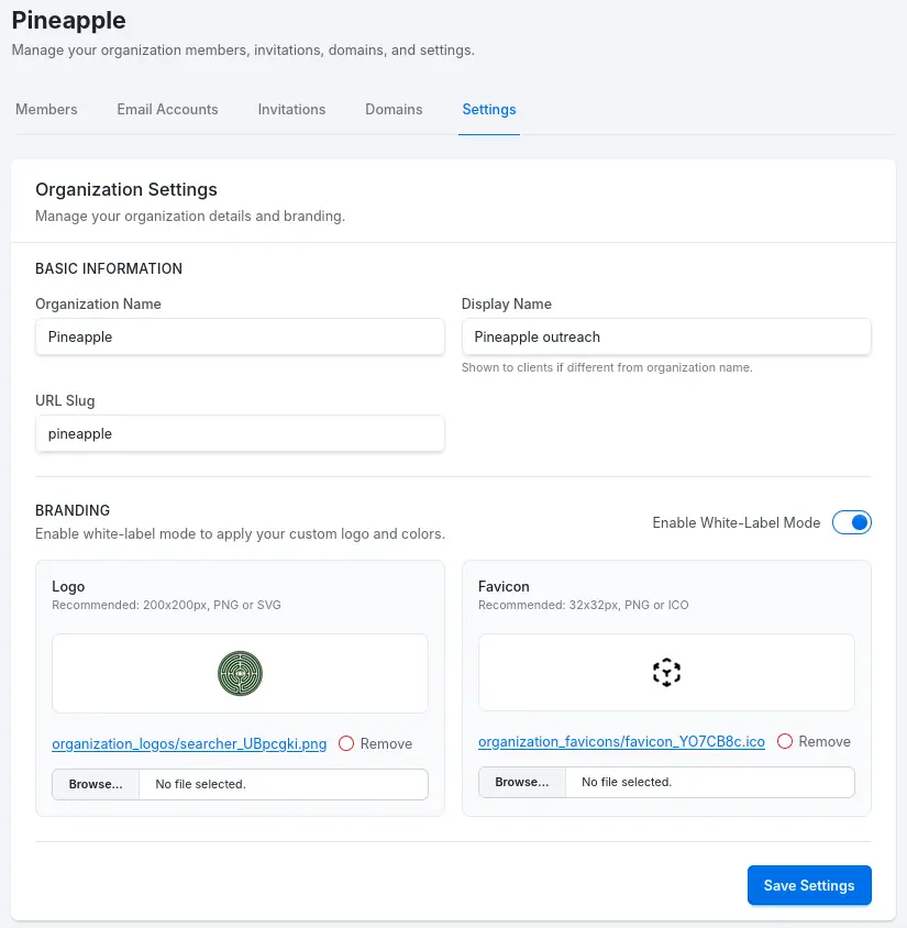 PuffinReach white-label branding settings with custom logo, favicon, and organization configuration