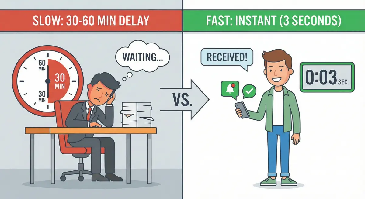 Speed comparison: Competitors 30-60 min vs PuffinReach 3 seconds